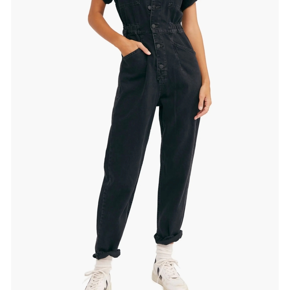 Free People We The Free Marci Denim Jumpsuit Iron Black Womens XL